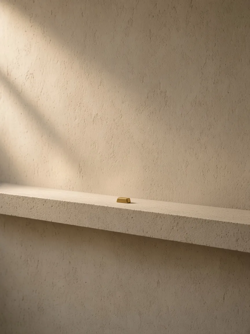 A small gold bar far back on a stone ledge, a place, not a portrait