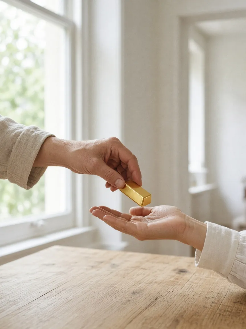 A gold bar passed from one hand to another in daylight, the start of a purchase, not a receipt
