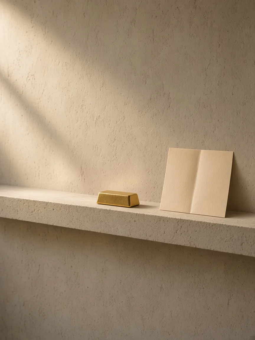 A gold bar and a blank folded sheet on a ledge, a note, not an office