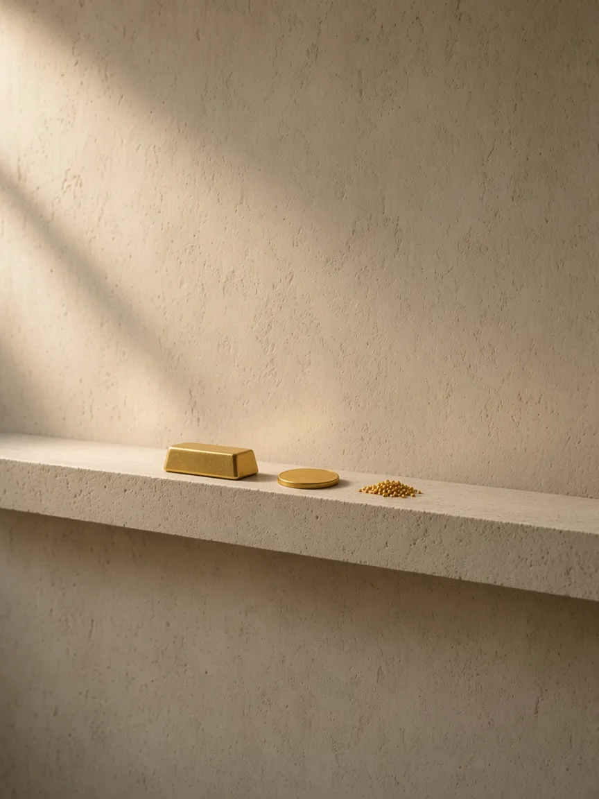 A bar, a plain coin and a few granules on a ledge, forms of gold, not stock