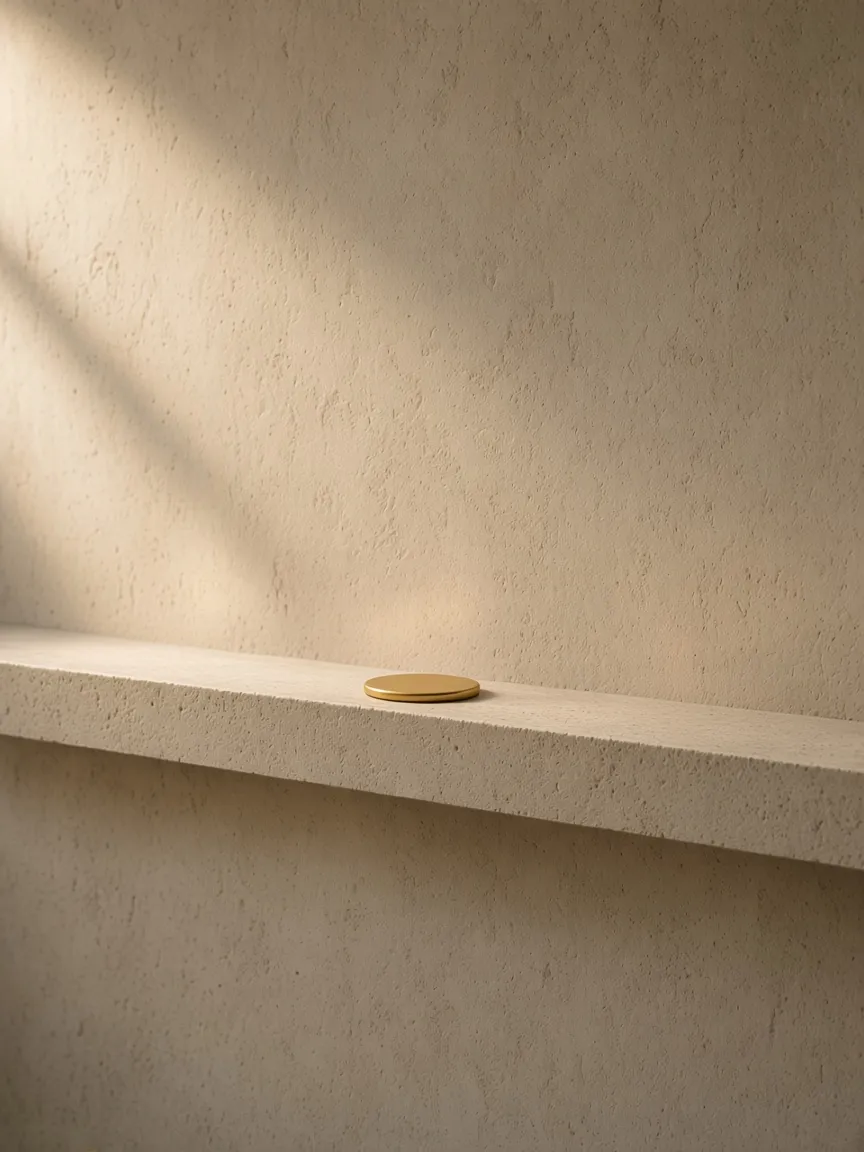 A plain gold disc on a stone ledge, one term, not an item for sale