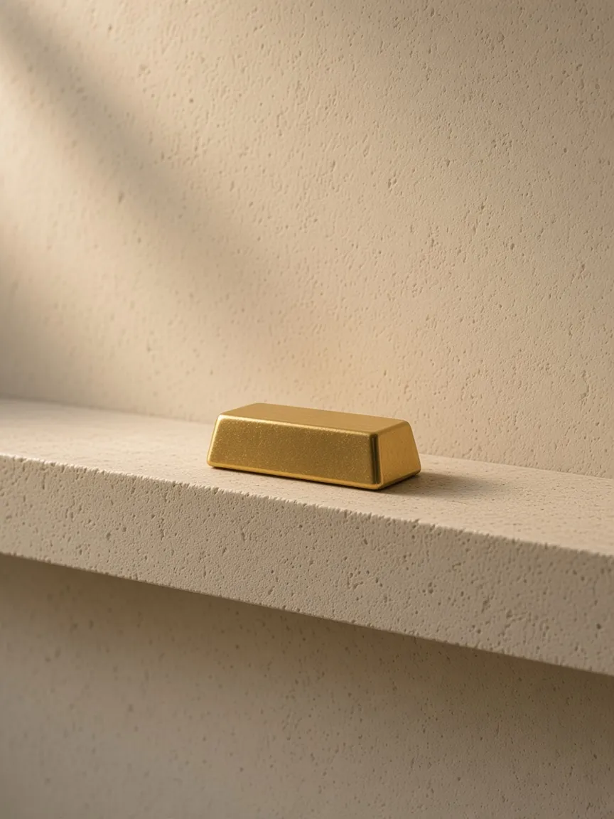 A single gold bar close on a stone ledge, the product, not an inventory