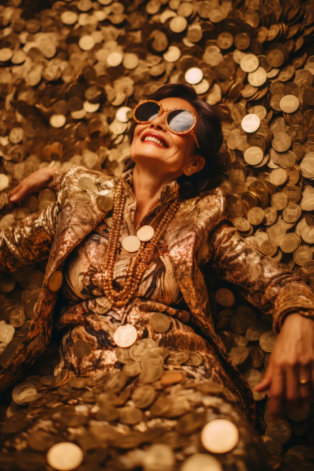 A person lying among coins, an editorial print, not a GXLD holding