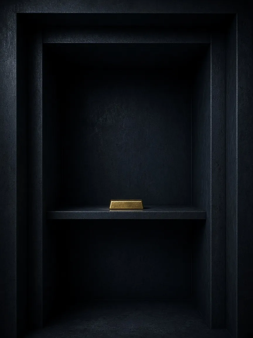 One gold bar alone on a shelf in a dark vault, kept, not a statement of title