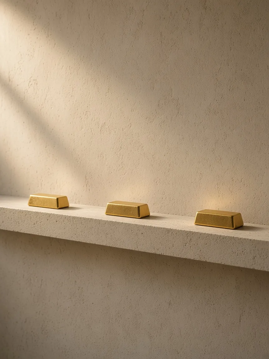 Three gold bars set far apart on one ledge, each in a different light, not one pile of metal