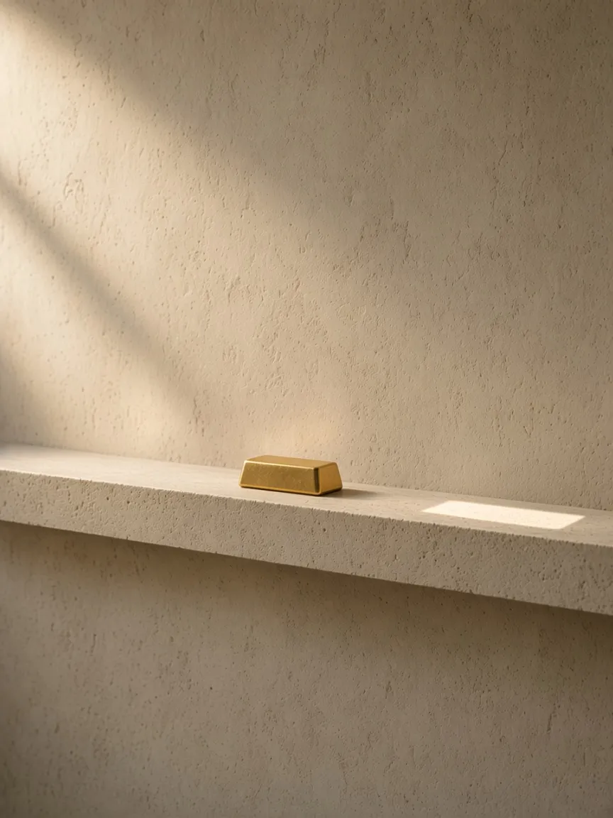 One gold bar and an empty patch of light beside it, a single place, not a savings plan