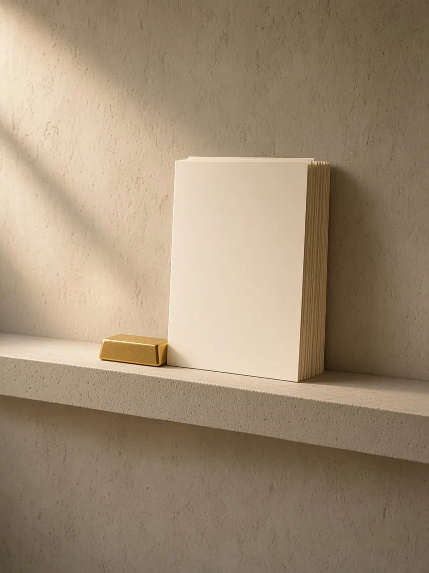 A small gold bar beside a tall stack of blank paper, a proportion, not proof of purchasing power