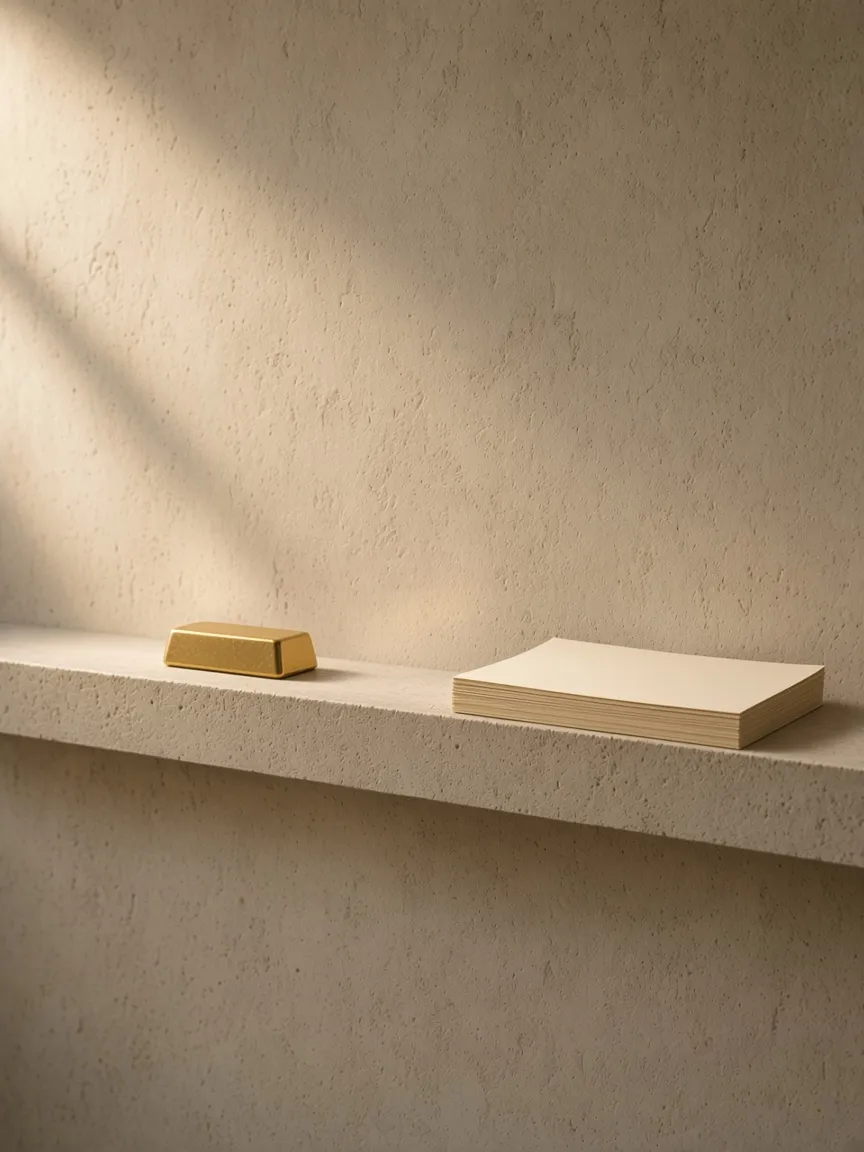A gold bar apart from a stack of blank paper, metal and money separate, not customer funds