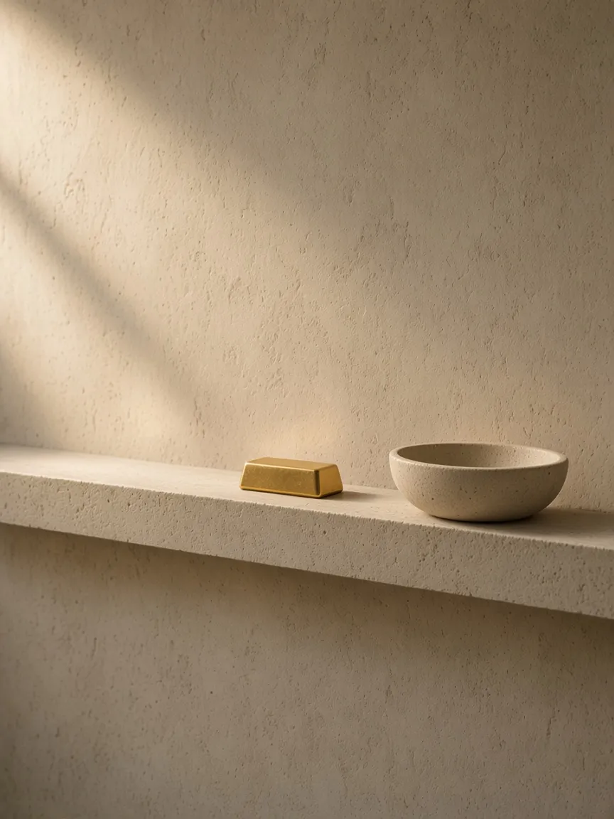 A gold bar beside an empty bowl, leaving the ledge, not a completed payout