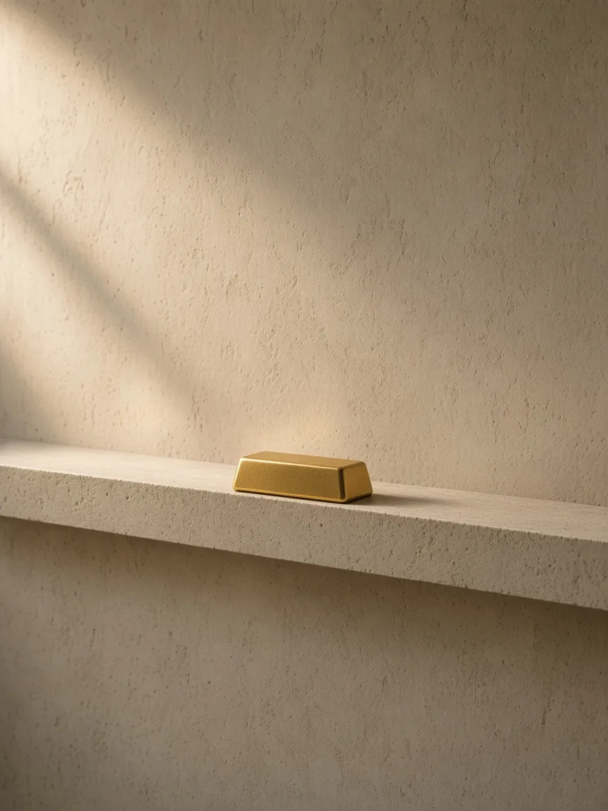 A gold bar at the edge of the daylight, the light changing, not a price chart