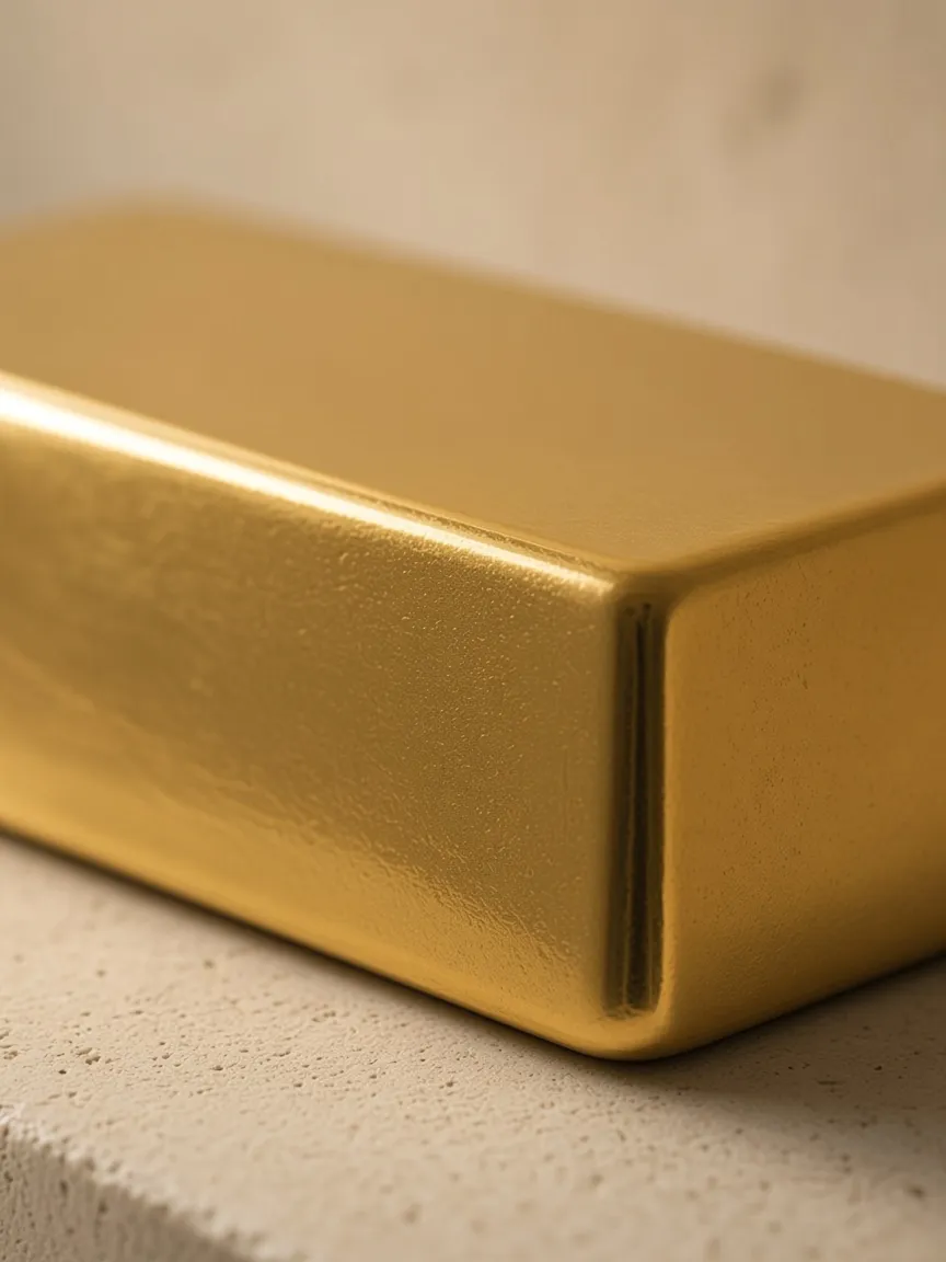 The corner of a plain gold bar in raking light, the metal itself, not a fineness mark