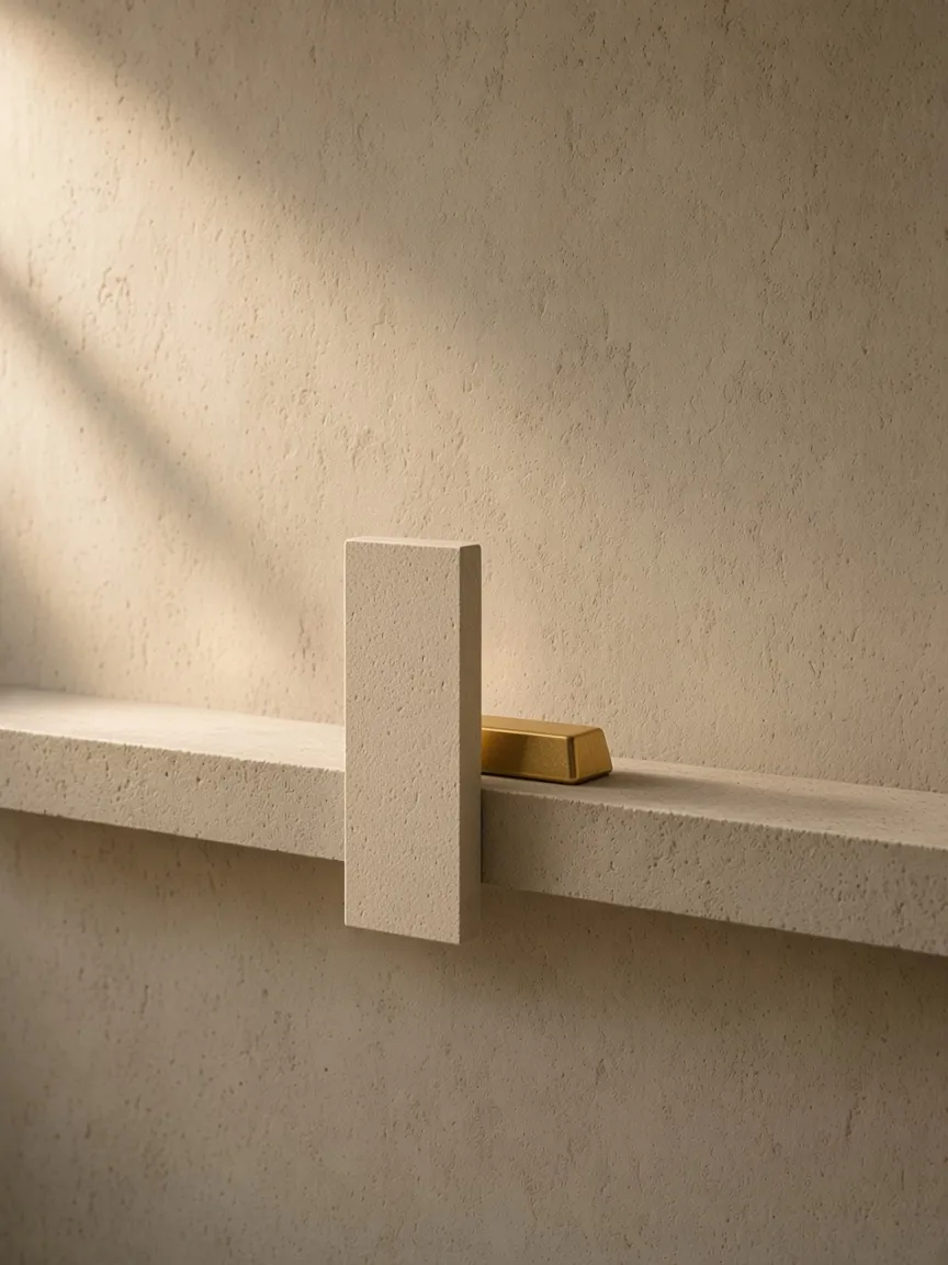 A gold bar partly sheltered by a stone slab, kept from view, not a lock