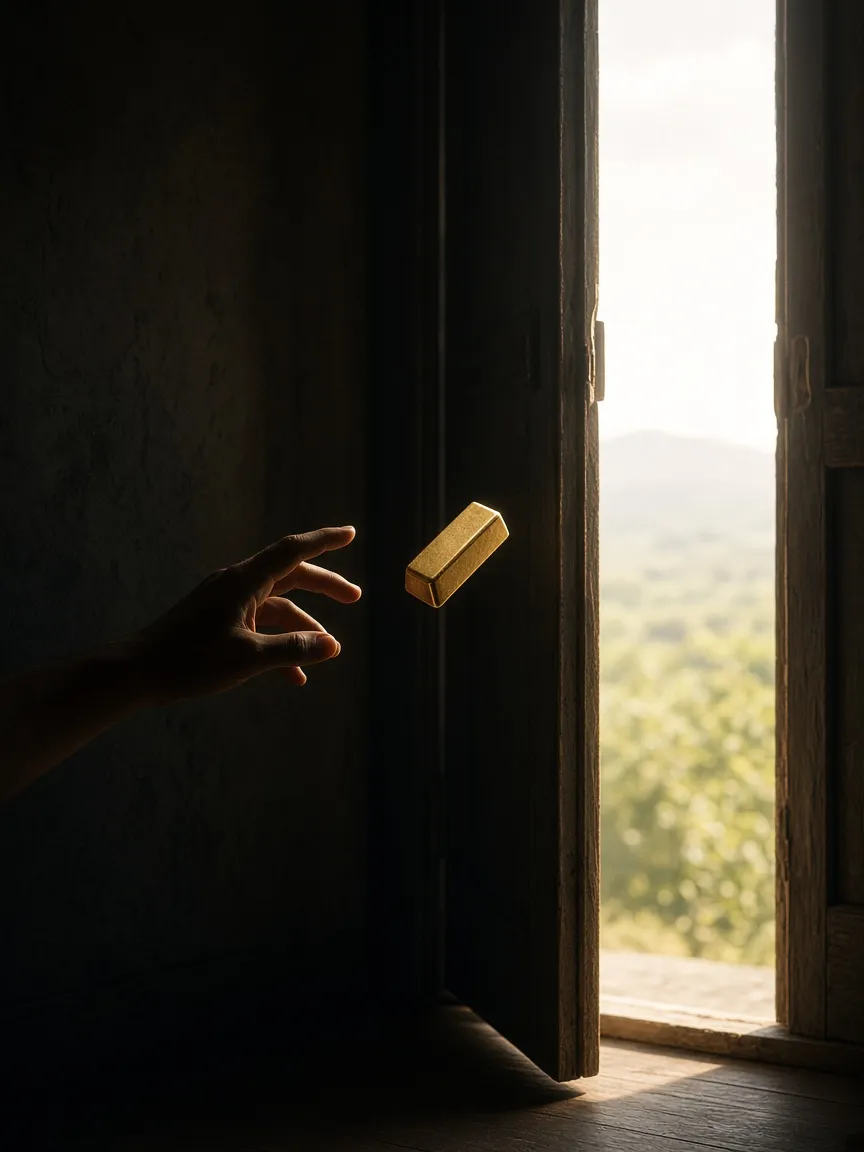 A gold bar released toward an open doorway, leaving, not a payout confirmation