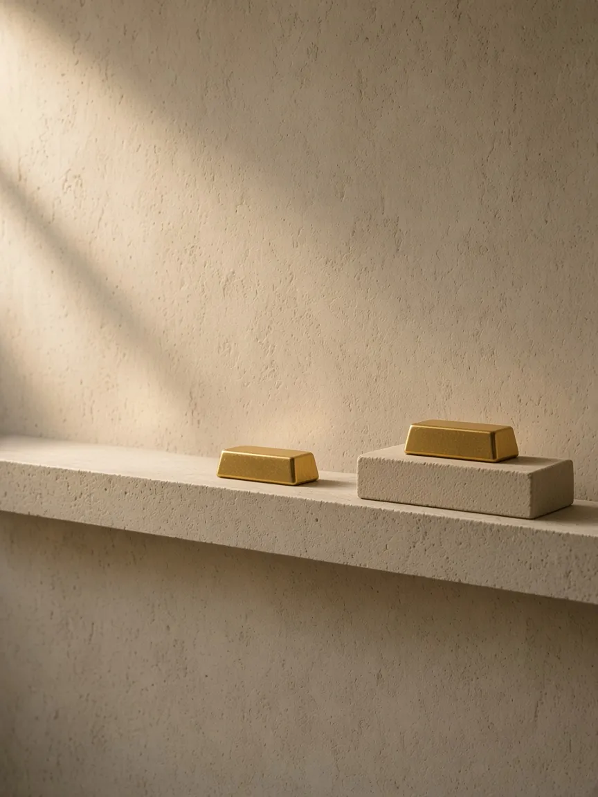 Two gold bars, one raised on a stone block, not the same price