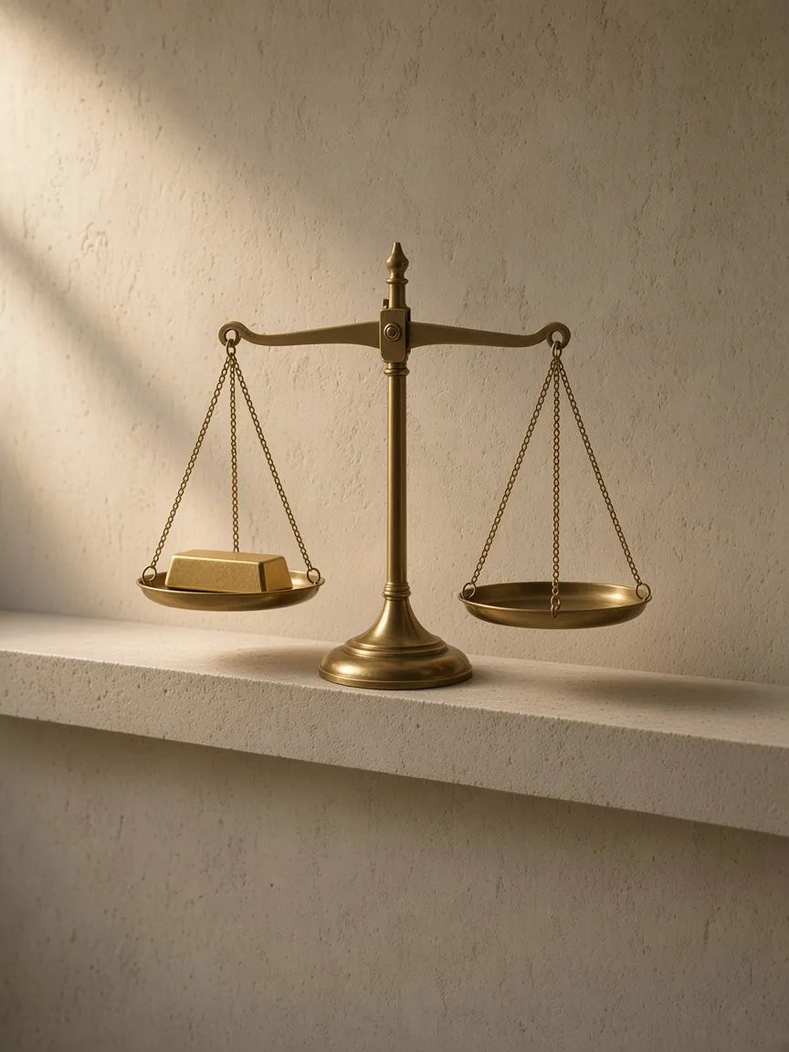 A brass balance with one gold bar on the lower pan, a measure, not a GXLD bar